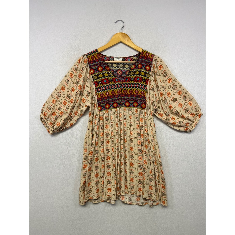 Boho Peasant Umgee Womens Medium Cream Mixed Print Babydoll Tunic Top